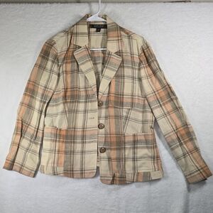 Kasper 100% linen blazer 12P petite plaid blazer jacket yellow orange green